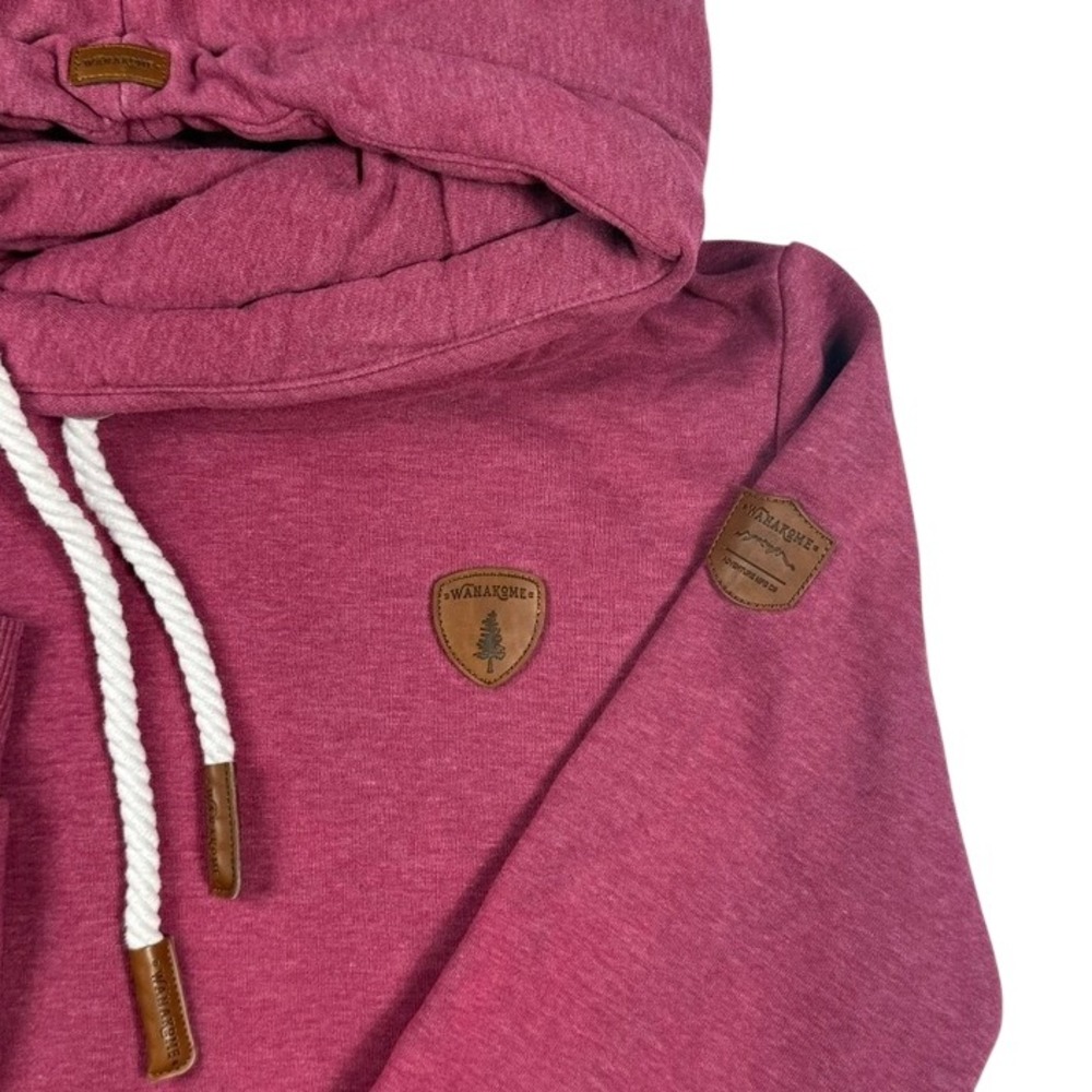 Wanakome Hestia Cowl Neck Hoodie Berry Pink Heather Vegan Leather Patch Womens L